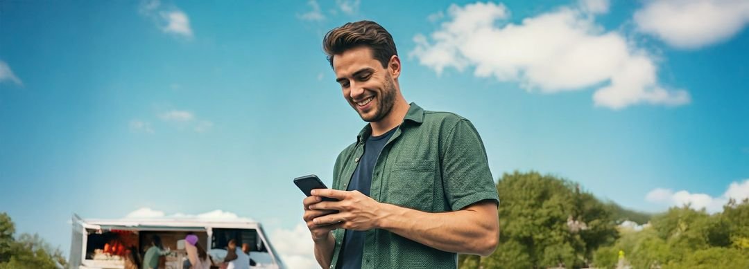Merchant met telefoon als kassa bij een foodtruck